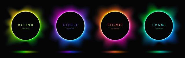 Blue, red-purple, green illuminate light frame collection design. Abstract cosmic vibrant color circle border. Top view futuristic style. Set of glowing neon lighting isolated on black background. vector