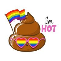 I am hot - Funny Poop with rainbow flag. Cute smiling happy poop with rainbow sunglasses. Cartoon character in kawaii style. Holy crap. Good for t-shirt, mug, gift. Magic shit happens.