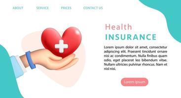 3d vector Landing page of health insurance template design