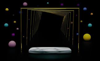 marble podium empty with geometric shapes and colorful balls in black composition for modern stage display and minimalist mockup ,abstract showcase background ,Concept 3d illustration or 3d render photo