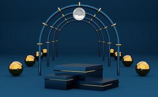 podium empty with geometric shapes in blue composition for modern stage display and minimalist mockup ,abstract showcase background ,Concept 3d illustration or 3d render photo