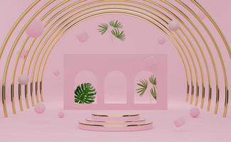 podium empty with geometric shapes in pink pastel composition for modern stage display and minimalist mockup ,abstract showcase background ,Concept 3d illustration or 3d render photo