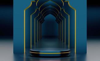 podium empty with geometric shapes in blue composition for modern stage display and minimalist mockup ,abstract showcase background ,Concept 3d illustration or 3d render photo