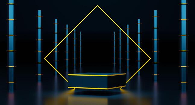 podium empty with geometric shapes in blue composition for modern stage display and minimalist mockup ,abstract showcase background ,Concept 3d illustration or 3d render photo