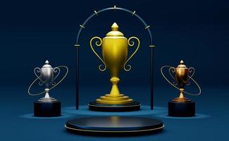 Golden champion cup or trophies and podium with geometric shapes in blue composition for modern stage display and minimalist mockup ,abstract showcase background ,Concept 3d illustration or 3d render photo