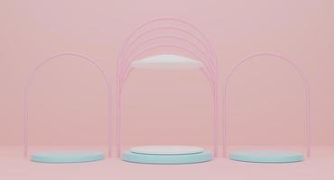 podio azul con formas geométricas vacías en composición rosa para una exhibición de escenario moderna y una maqueta minimalista. concepto de fondo de escaparate abstracto. ilustración 3d o renderizado 3d foto