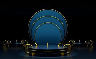 podium empty with geometric shapes in blue composition for modern stage display and minimalist mockup ,abstract showcase background ,Concept 3d illustration or 3d render photo