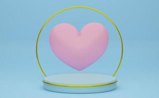 Podium empty with geometric and heart shapes insky blue pastel composition for modern stage display and minimalist mockup ,abstract showcase background ,Concept 3d illustration or 3d render photo