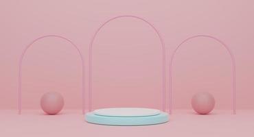 Podium with geometric shapes empty in pink composition for modern stage display and minimalist mockup ,abstract showcase background ,Concept 3d illustration or 3d render photo