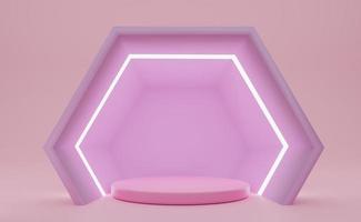 podio con formas geométricas vacías en composición rosa para exhibición de escenario moderno y maqueta minimalista, fondo de escaparate abstracto, ilustración conceptual 3d o renderizado 3d foto