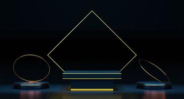 podium empty with geometric shapes in blue composition for modern stage display and minimalist mockup ,abstract showcase background ,Concept 3d illustration or 3d render photo