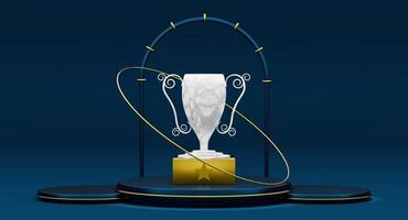 marble champion cup or trophies and podium with geometric shapes in blue composition for modern stage display and minimalist mockup ,abstract showcase background ,Concept 3d illustration or 3d render photo