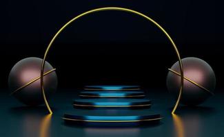 podium empty with geometric shapes in blue composition for modern stage display and minimalist mockup ,abstract showcase background ,Concept 3d illustration or 3d render photo