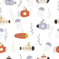 Seamless pattern with submarines exploring the underwater world. Ocean jellyfish swim in algae. Vector illustration of a print of a piece of fabric or wallpaper