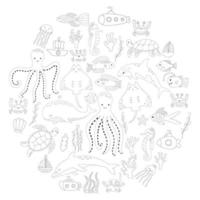 Set of doodles of animals and plants of the underwater world for coloring. Vector illustration of corals and boats. Collection of sea fish in outline