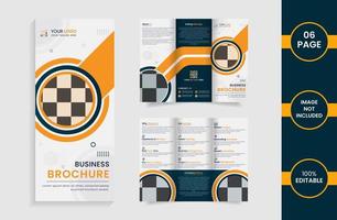 Modern trifold business brochure with yellow and green color abstract shapes and information vector