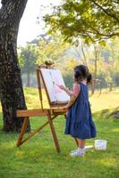 A little girl is standing on the grass and painted on the canvas photo