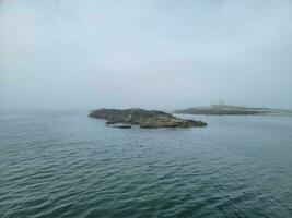 bald eagle on island with rocks on shore on coast of Maine photo