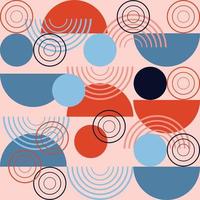 Geometrical vector seamless pattern in vintage style with blue and red semicircles, silhouettes, and lines. Good print for wrapping paper, packaging design, wallpaper, ceramic tiles, and textile.