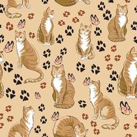 Seamless pattern with cats in different poses and animal footprints. Great for textile, wallpaper, wrapping paper, and packaging design. Vector illustration, seamless pattern.