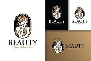 Beautiful woman with gold flower logo template vector