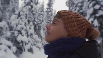 menino sozinho na floresta no inverno. menino solitário na floresta no inverno gira e admira as árvores e a natureza. video