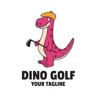 dino de dibujos animados jugando al diseño del logotipo de la mascota del golf vector