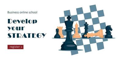 Chess. Set of white and black chess pieces. Knight, rook, pawn, bishop, king, queen. Advertising banner. Vector image.