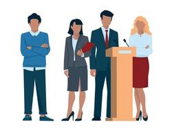 Business people. Man and woman in business suits with a folder. Public speaking from the podium. The boy folded his arms across his chest. Official event. Office staff, worker, student. vector
