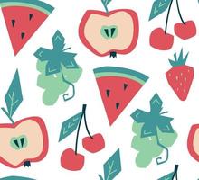 Summer fruits and berries. Seamless pattern. Apple, grape, cherry, watermelon, strawberry. Vector image.