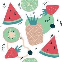 Summer fruits and berries. Seamless pattern. Kiwi, lime, watermelon, pineapple. Vector image.