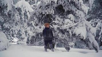 menino olhando ao redor na floresta de neve. o menino de pé entre as árvores na floresta nevada assiste.