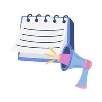 Contract document with megaphone. Documents with paper sheets, signatures and sticky notes. Employment business and finance. Hiring. Vector cartoon illustration isolate on a white background.