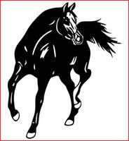 silueta negra caballo salvaje o animal doméstico corriendo con la cabeza mira hacia atrás diseño de dibujos animados ilustración vectorial plana aislada en fondo blanco - vector