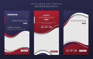 Set of social media post template with waving blue red shape for independence day design vector