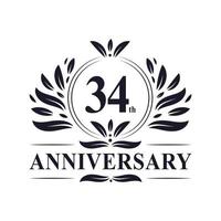 Celebración del 34 aniversario, lujoso diseño del logotipo del aniversario de 34 años. vector