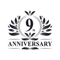 Celebración del noveno aniversario, lujoso diseño del logotipo del aniversario de nueve años. vector