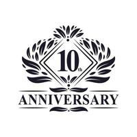 Logotipo de aniversario de 10 años, logotipo floral de lujo del décimo aniversario. vector