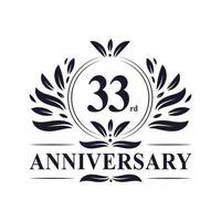 Celebración del 33 aniversario, lujoso diseño del logotipo del aniversario de 33 años. vector