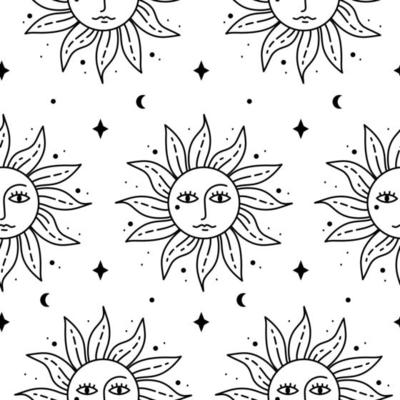Black and white celestial seamless pattern with sun