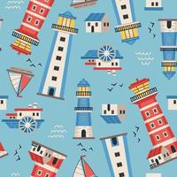 Vector flat style lighthouses with searchlight, marine theme seamless pattern