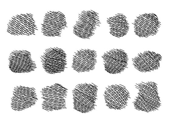 Set of hand drawn hatched scribble symbols isolated on white.