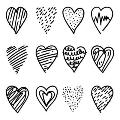 Set of unique doodle heart icons. Freehand sketched shapes drawings.
