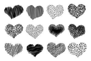 Set of unique doodle heart icons. Freehand sketched shapes drawings. vector