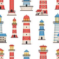 Vector flat style lighthouses with searchlight, marine theme seamless pattern