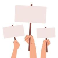 Protesters banners. Vector illustration. Concept of hands hold different banners