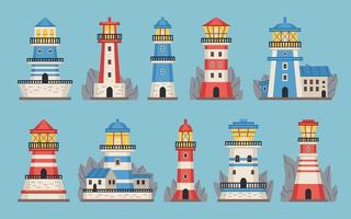 Beacon building. Lighthouses with searchlight, flat towers of different types vector