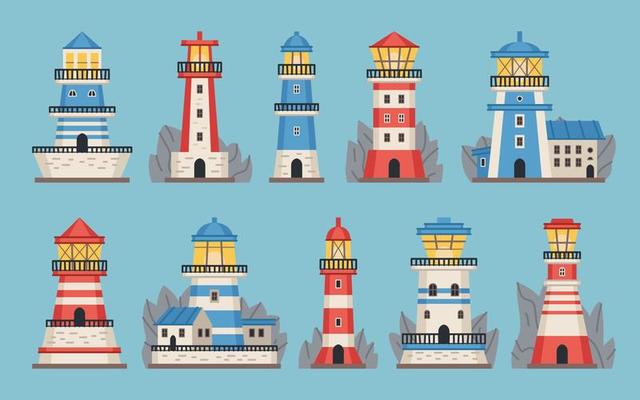 Beacon building. Lighthouses with searchlight, flat towers of different types