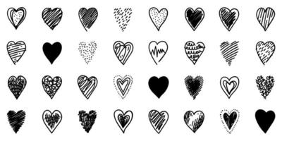 Set of unique doodle heart icons. Freehand sketched shapes drawings. vector