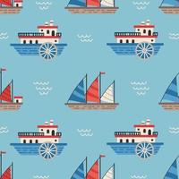 Vector sailboats and ships seamless pattern. Marine flat vector background